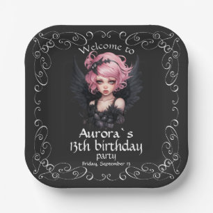 Black And Pink Pastel Goth Fairy 13th Birthday Paper Plates