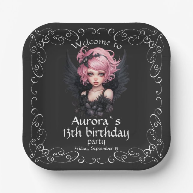 Black And Pink Pastel Goth Fairy 13th Birthday Paper Plates (Front)
