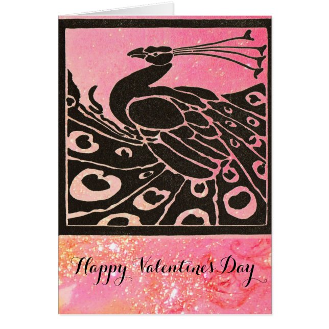 BLACK AND PINK PEACOCK Valentine's Day Cards (Front)