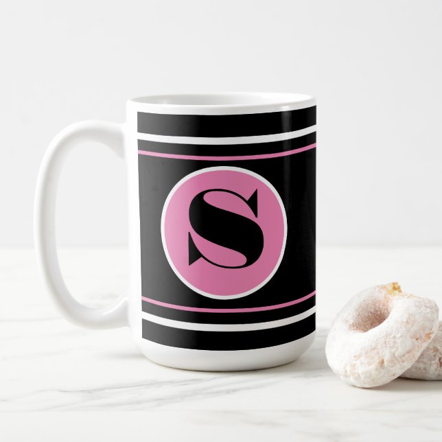 Black and Pink Personalize Modern Monogram Coffee Mug (With Donut)