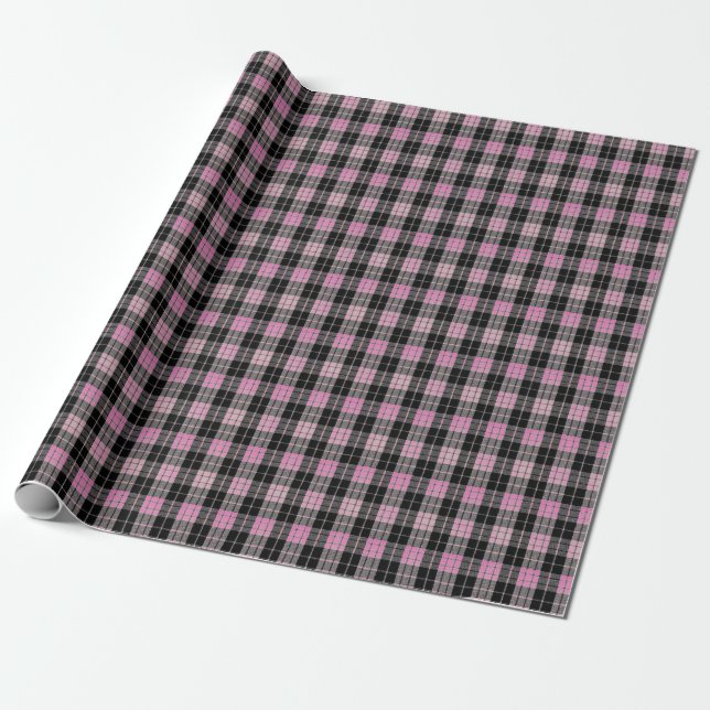 Black and Pink Plaid Customizable Background Color Wrapping Paper (Unrolled)