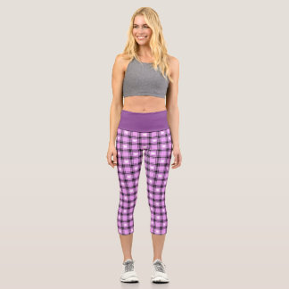 Black and Pink Plaid with white Checkered Hearts Capri Leggings