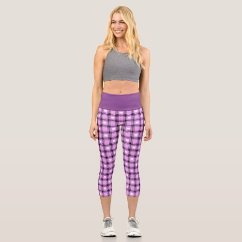 Black and Pink Plaid with white Checkered Hearts  Capri Leggings