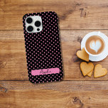 Black and pink polka dots iPhone 15 pro max case<br><div class="desc">Indulge in the fusion of elegance and personalization with Black iPhone case embellished with pink polka dots.  It’s very easy to customize,  with your personal details.</div>