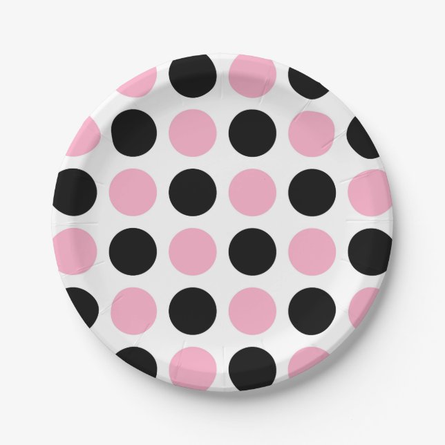 Black and Pink Polka Dots Paper Plates (Front)