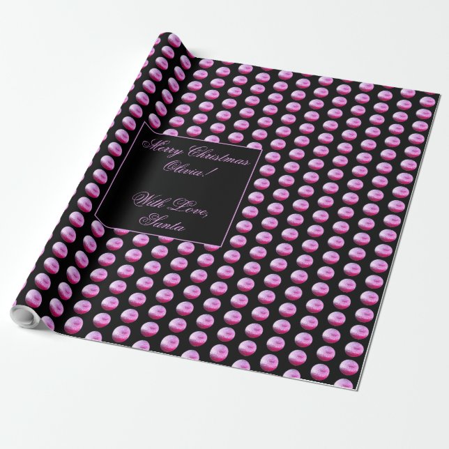 Black and Pink Polka Dots Pattern Elegant Chic Wrapping Paper (Unrolled)