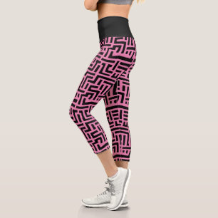 Black And Pink Pop Art Maze Pattern Capri Leggings