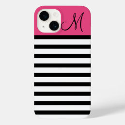 Black and Pink Preppy Stripes Custom Monogram Case-Mate iPhone 14 Case