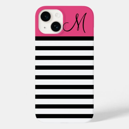 Black and Pink Preppy Stripes Custom Monogram Case_Mate iPhone 14 Case