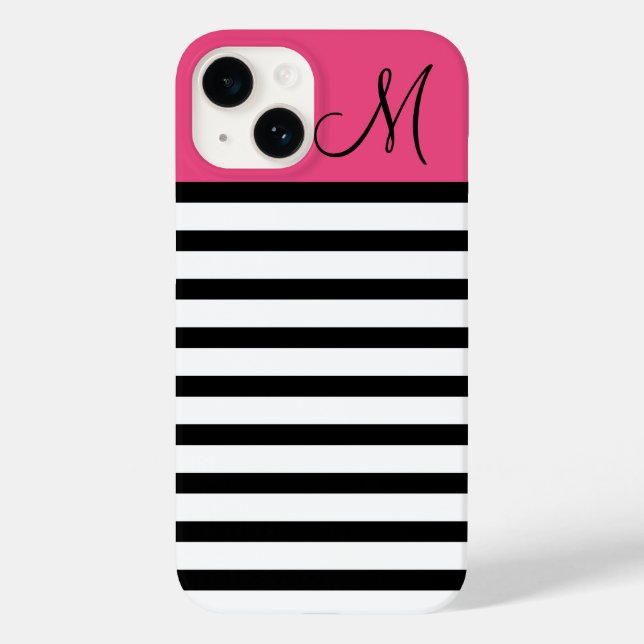Black and Pink Preppy Stripes Custom Monogram Case-Mate iPhone Case (Back)