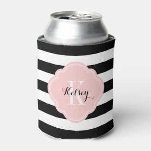 Black and Pink Preppy Stripes Monogram Can Cooler