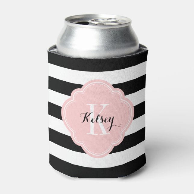 Black and Pink Preppy Stripes Monogram Can Cooler (Can Front)