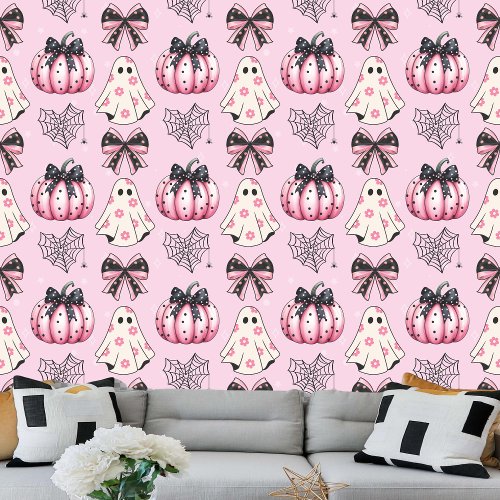 BLACK AND PINK PUMPKIN AND GHOST WITH COQUETTE WALLPAPER 