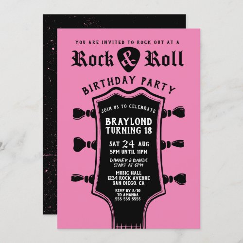 Black and Pink Rock n Roll Guitar  Invitation