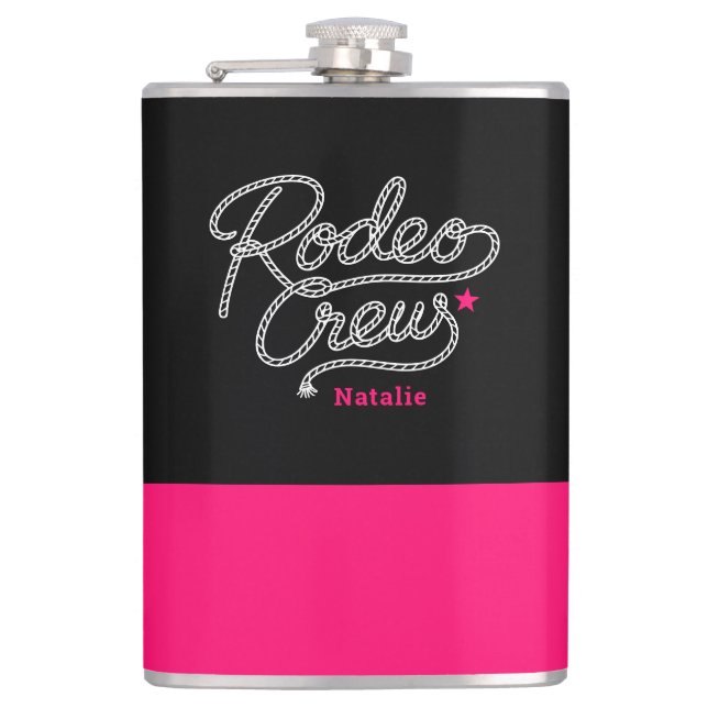 Black and Pink Rodeo Crew Western Bachelorette Flask (Front)