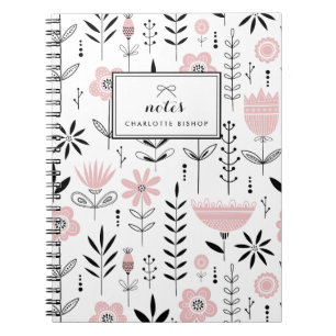 Black and Pink Scandinavian Floral Pattern Notebook