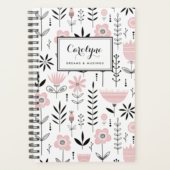 Black and Pink Scandinavian Floral Pattern Planner (Front)