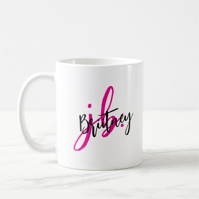 Black and Pink Script Monogram Coffee Mug (Left)