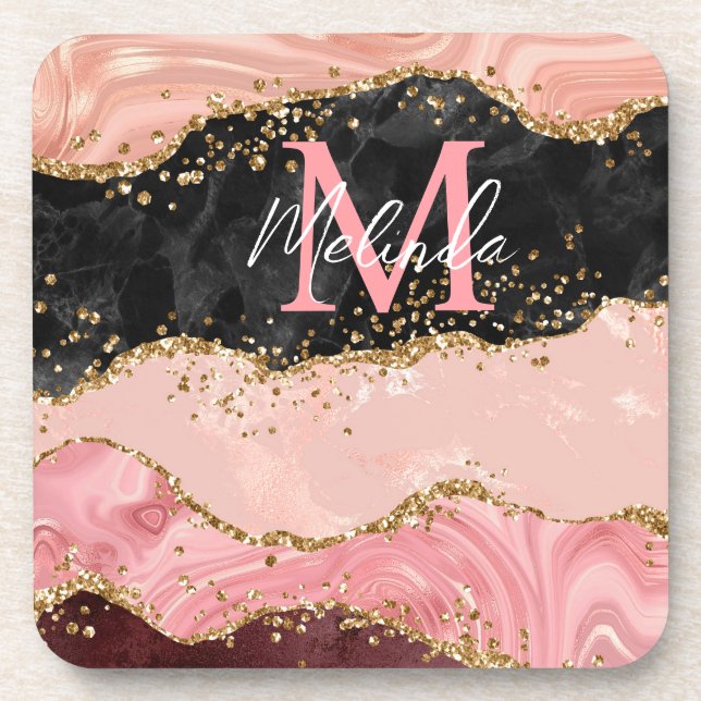 Black and Pink Sequins Agate Beverage Coaster (Front)