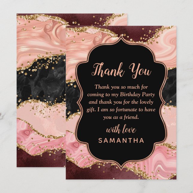 Black and Pink Sequins Agate Birthday Thank You Card (Front/Back)