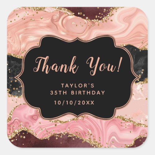 Black and Pink Sequins Agate Birthday Thank You Square Sticker
