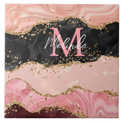 Black and Pink Sequins Agate Ceramic Tile