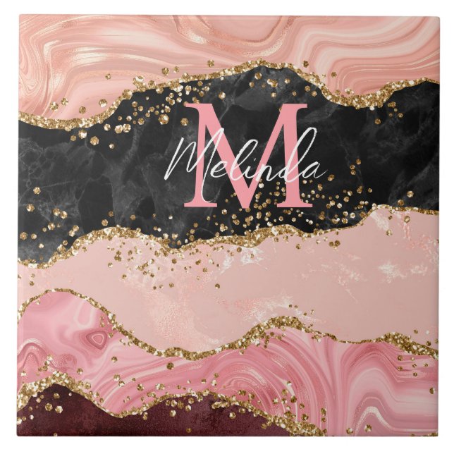 Black and Pink Sequins Agate Ceramic Tile (Front)