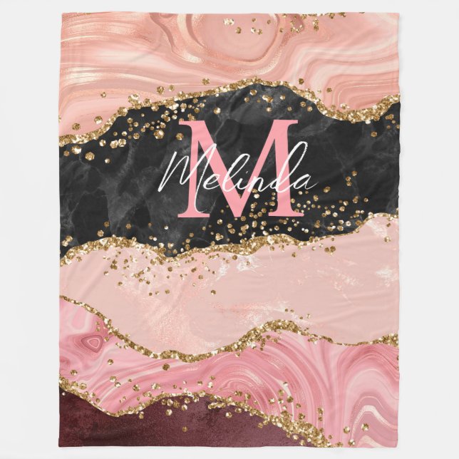 Black and Pink Sequins Agate Fleece Blanket (Front)