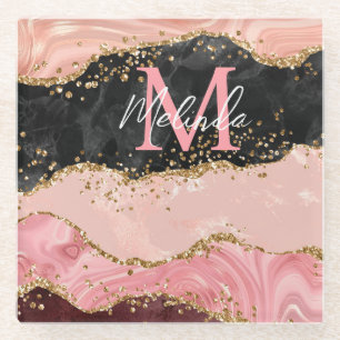 Black and Pink Sequins Agate Glass Coaster