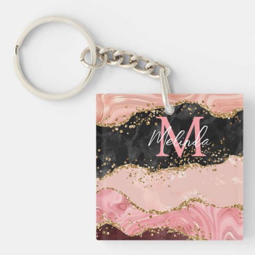 Black and Pink Sequins Agate Keychain