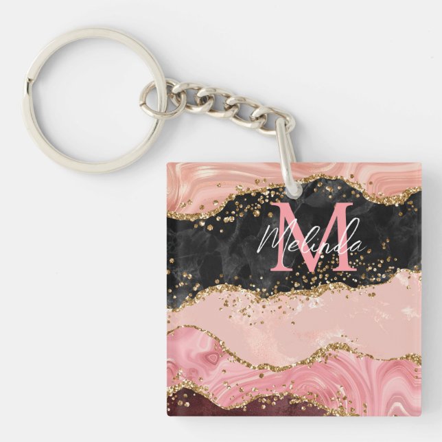 Black and Pink Sequins Agate Keychain (Front)