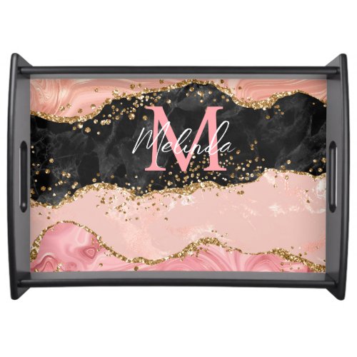 Black and Pink Sequins Agate Serving Tray