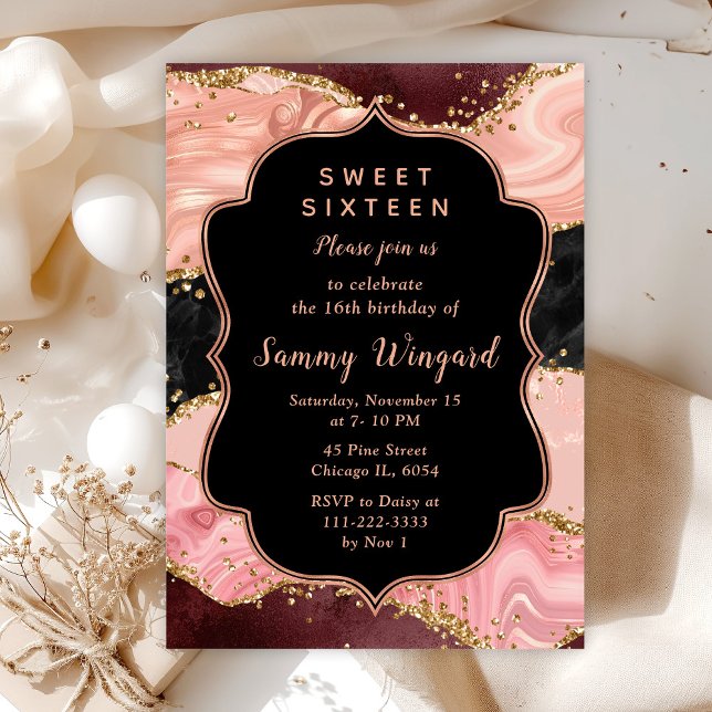 Black and Pink Sequins Agate Sweet Sixteen Invitation (Creator Uploaded)