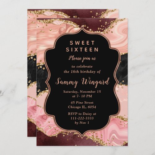 Black and Pink Sequins Agate Sweet Sixteen Invitation