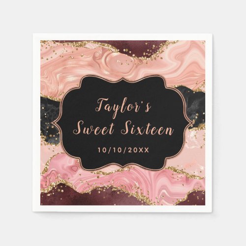 Black and Pink Sequins Agate Sweet Sixteen Napkins