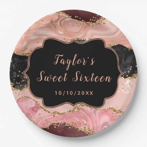 Black and Pink Sequins Agate Sweet Sixteen Paper Plates