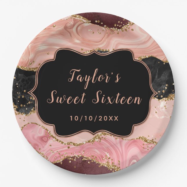 Black and Pink Sequins Agate Sweet Sixteen Paper Plates (Front)