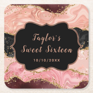 Black and Pink Sequins Agate Sweet Sixteen Square Paper Coaster