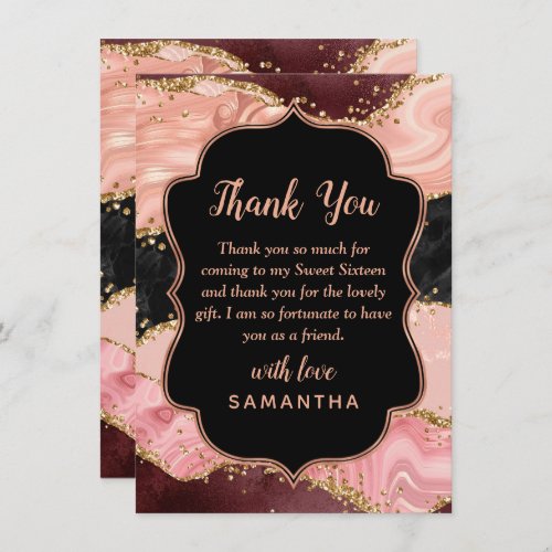 Black and Pink Sequins Agate Sweet Sixteen Thank You Card