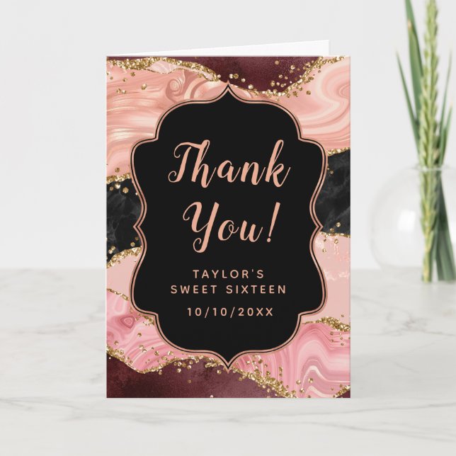 Black and Pink Sequins Agate Sweet Sixteen Thank You Card (Front)