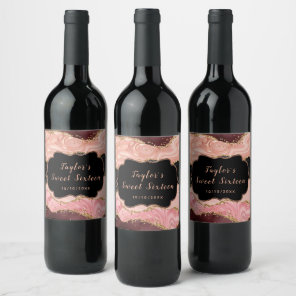 Black and Pink Sequins Agate Sweet Sixteen Wine Label