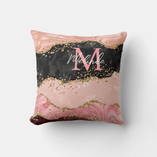 Black and Pink Sequins Agate Throw Pillow