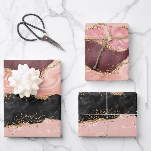 Black and Pink Sequins Agate Wrapping Paper Sheets