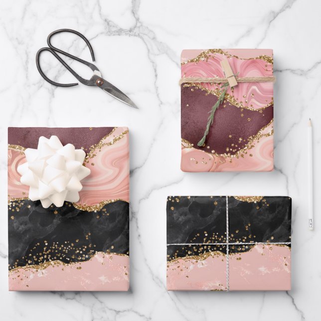 Black and Pink Sequins Agate Wrapping Paper Sheets (Front)