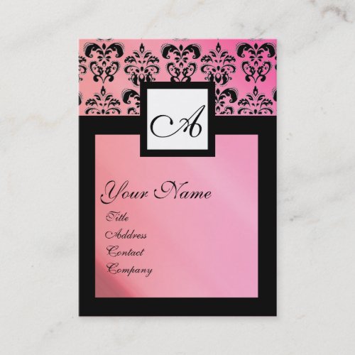 BLACK AND PINK SILK DAMASK SQUARE MONOGRAM BUSINESS CARD