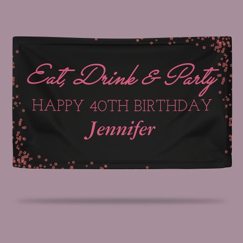 Black and Pink Sparkle Adult Happy Birthday Banner