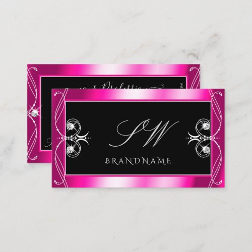 Black and Pink Sparkle Diamonds Ornaments Initials Business Card