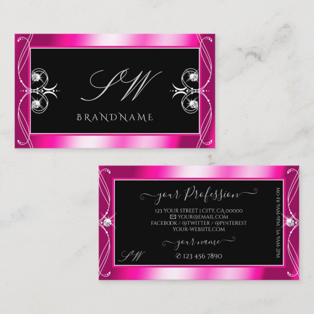 Black and Pink Sparkle Diamonds Ornaments Initials Business Card (Front/Back)