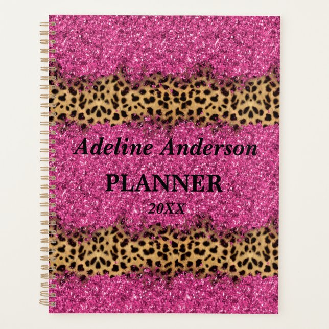 Black and Pink Sparkly Leopard Animal Skin Pattern Planner (Front)