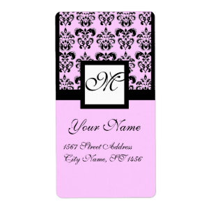 BLACK AND PINK SQUARE DAMASK MONOGRAM LABEL